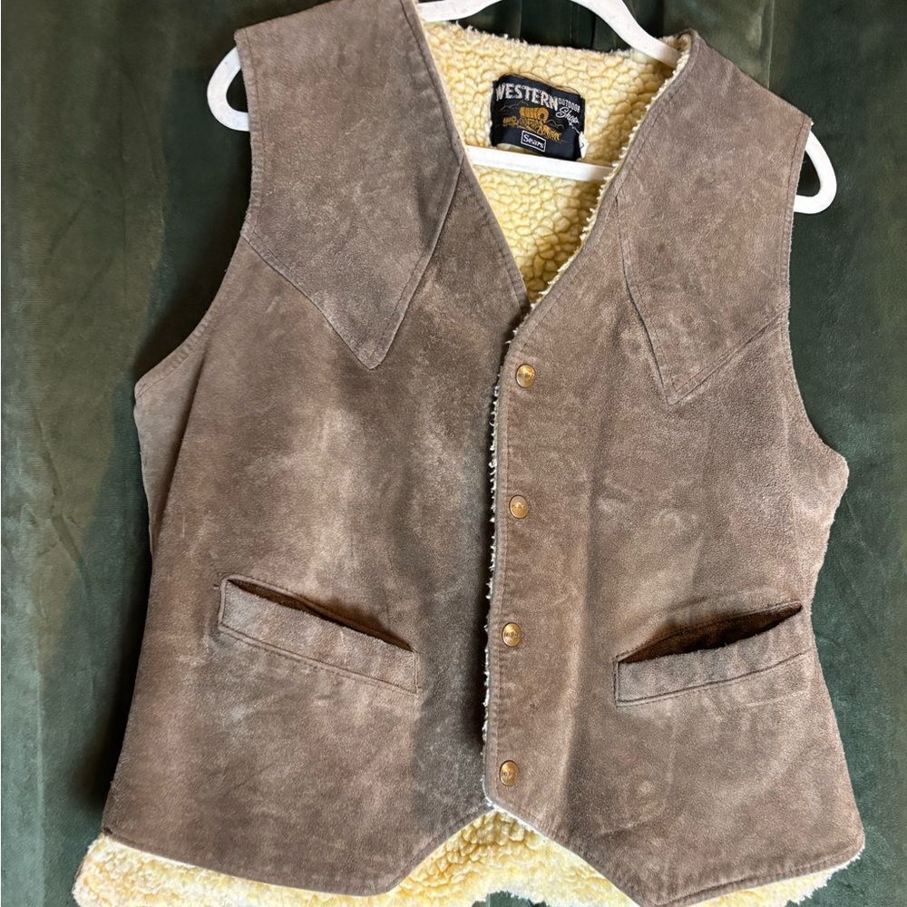 Vintage Sears Western Shop Brown Suede Vest with Shearling Lining